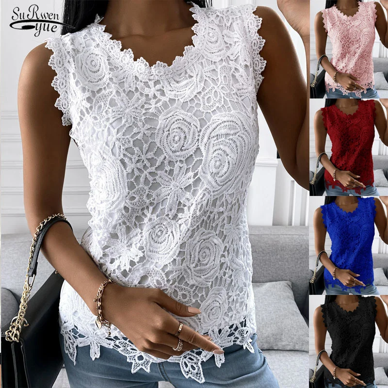 Summer Lace Blouse Woman Jacquard Sleeveless Casual Fashion Women Shirts Vintage Floral Vest Tops Loose Blusas Mujer 19340