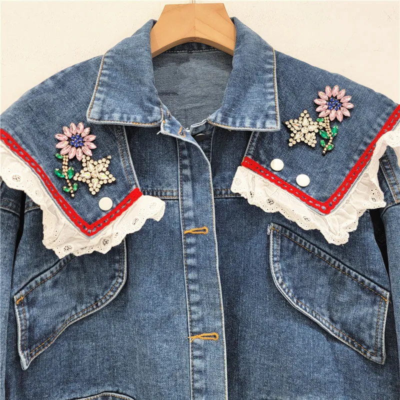 OCEANLOVE Lace Ruffles Denim Jackets for Women Floral Vintage Autumn Winter Chaqueta Mujer Fashion Sweet Jaqueta Feminina