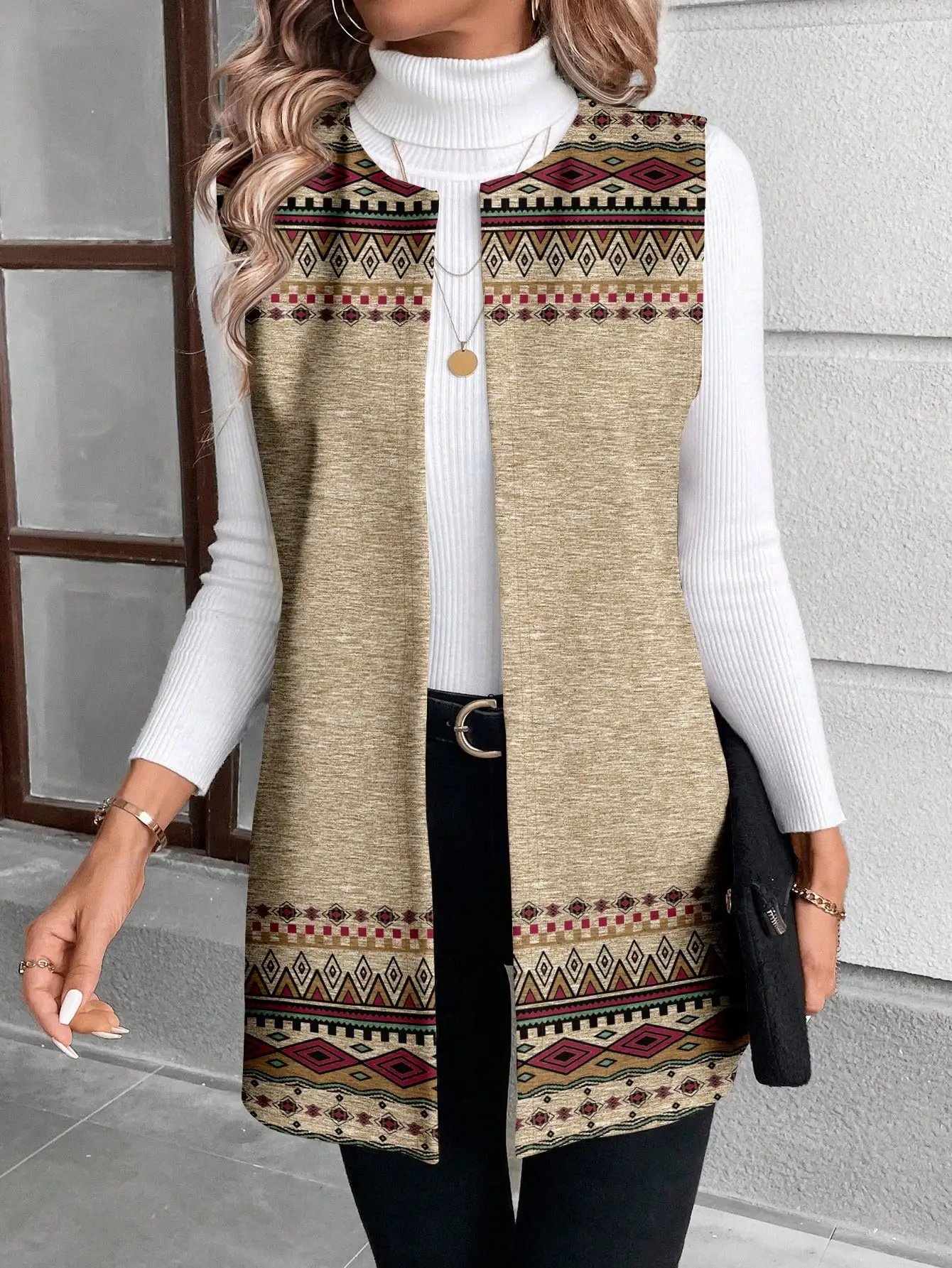 

Women's Geometric Pattern Knit Vest Jacket, Casual Autumn Winter Outerwear with Tribal Design
