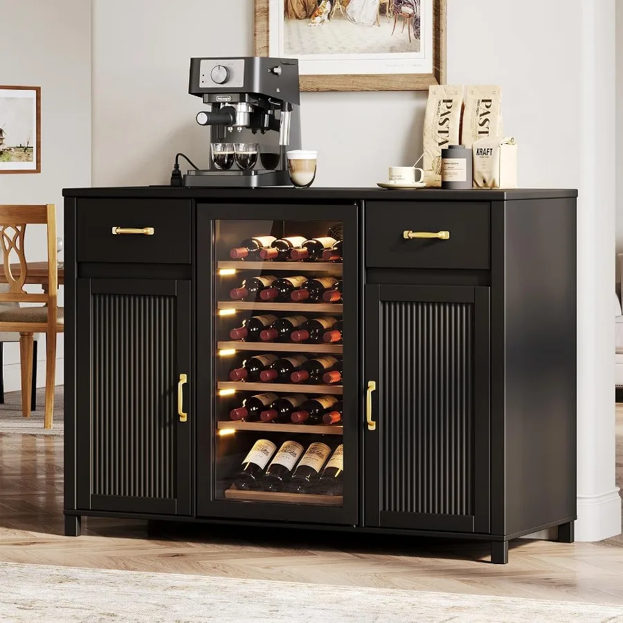 Coffee bar cabinet for commercial use, stainless steel, matte black, integrated fridge space and built-in power outlet