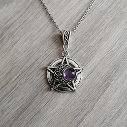 Necklace, pendant, pentagram, crescent moon, amethyst, gemstone, wicca, wiccan, witch, witchy, goth, gothic