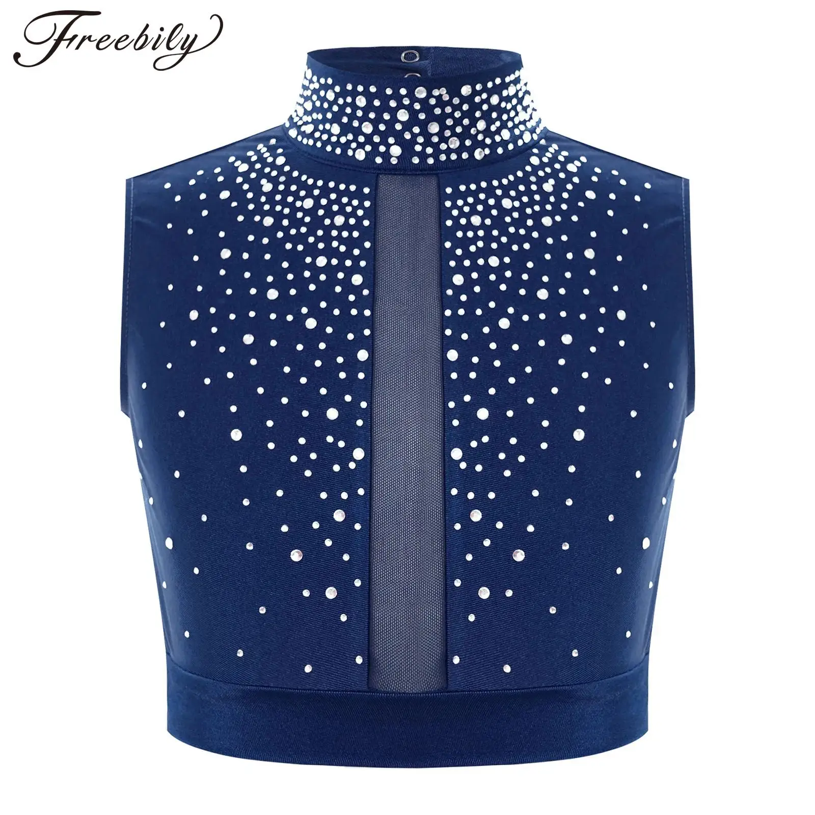 

Детские топы для лирических танцев для девочек, современная танцевальная одежда, блестящие стразы, балетный костюм для фигурного катания, укороченный топ, майки, детские топы