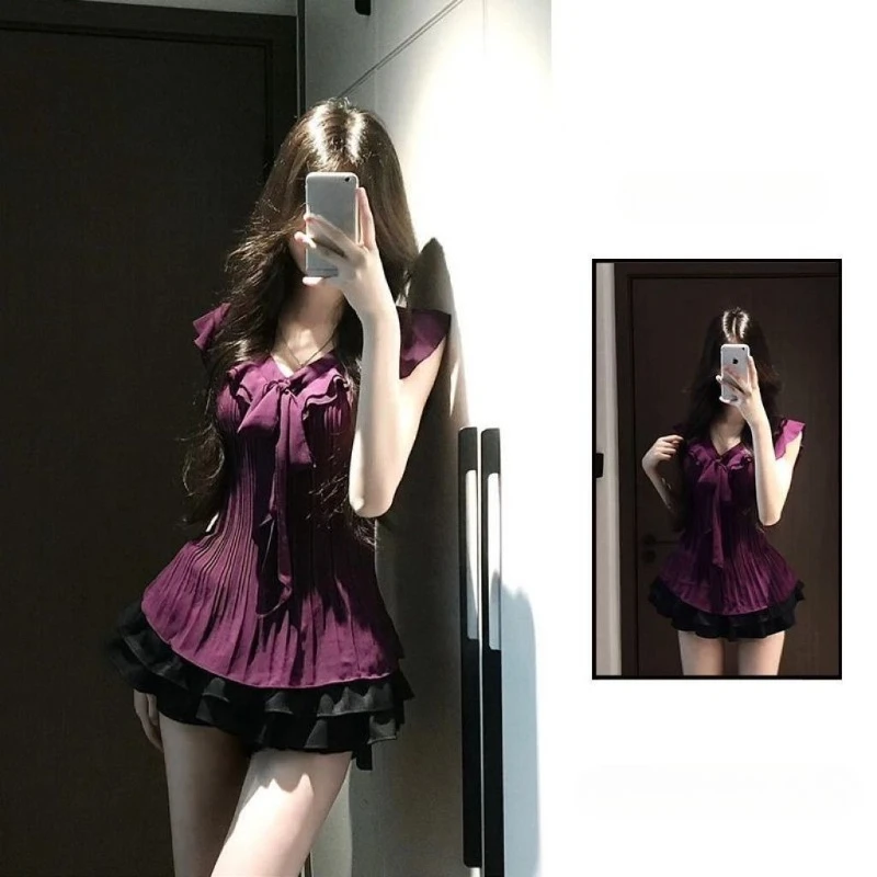 Y2k Pure Desire Sexy Ärmelloses Zweiteiler-Kleid-Set Kurzarm Einfarbiges T-Shirt + Minirock Bodycon Hohe Taille Damen Sommer