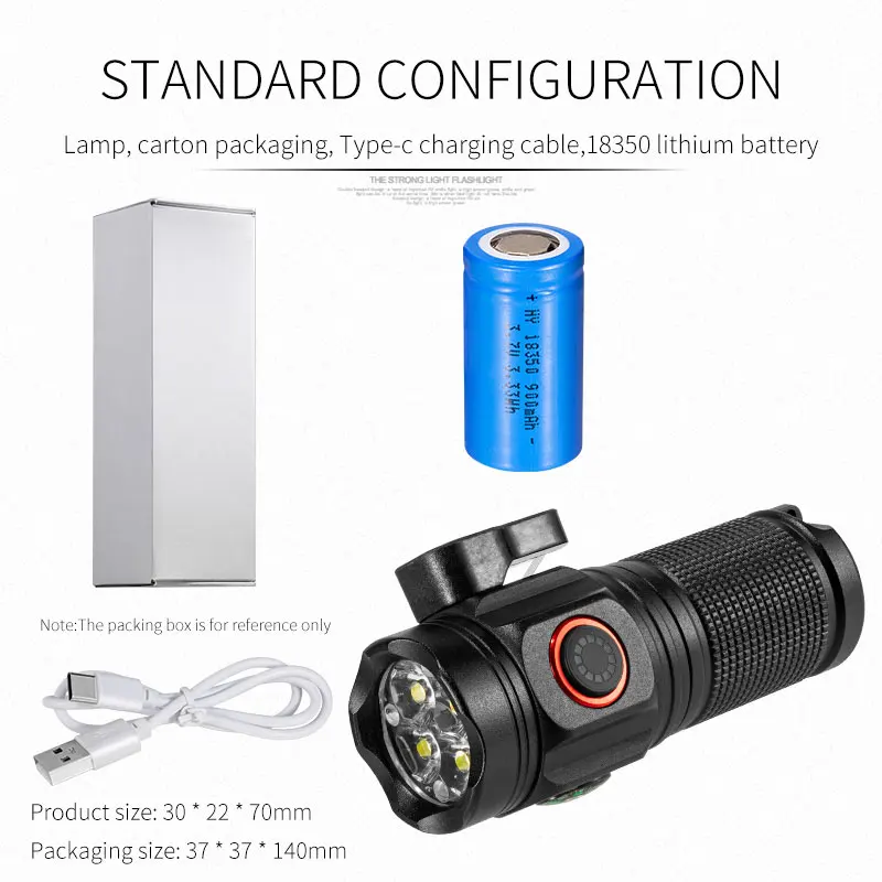 4*XHP LED Flashlight Mini Adventure Compass Torch 2000LM Portable Strong Lamp with Tail Magnet Pen Clip and Safety Belt Cutter