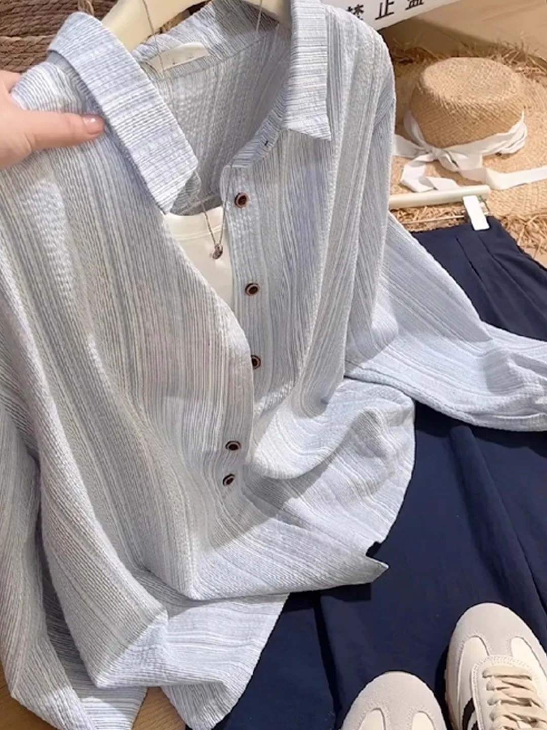 

Свободная полосатая рубашка с длинным рукавом для женщин, повседневный корейский стиль, сине-белая, с отложным воротником, дышащая, удобная