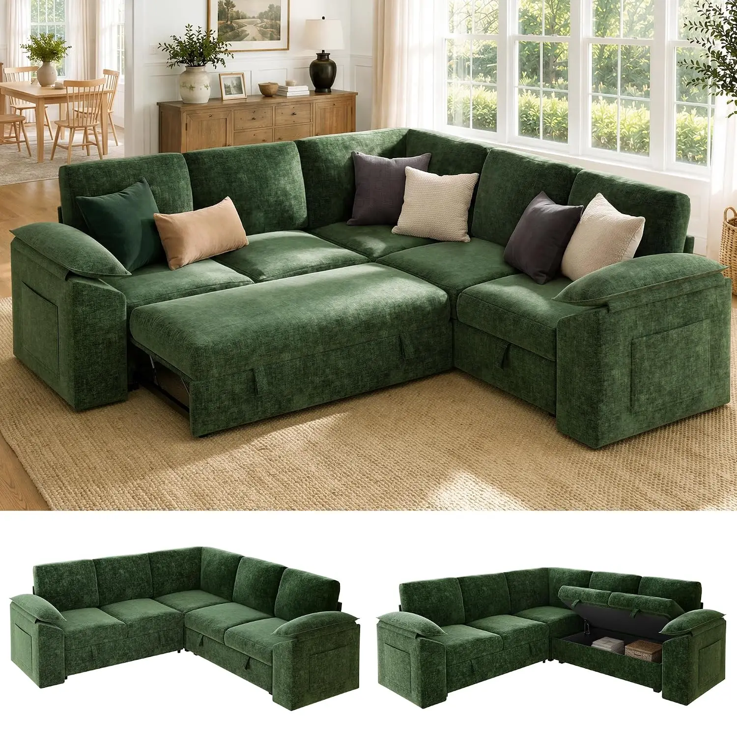 85 inch Modular Sectional Sleeper Sofa with Pull Out Bed, Green, Customized