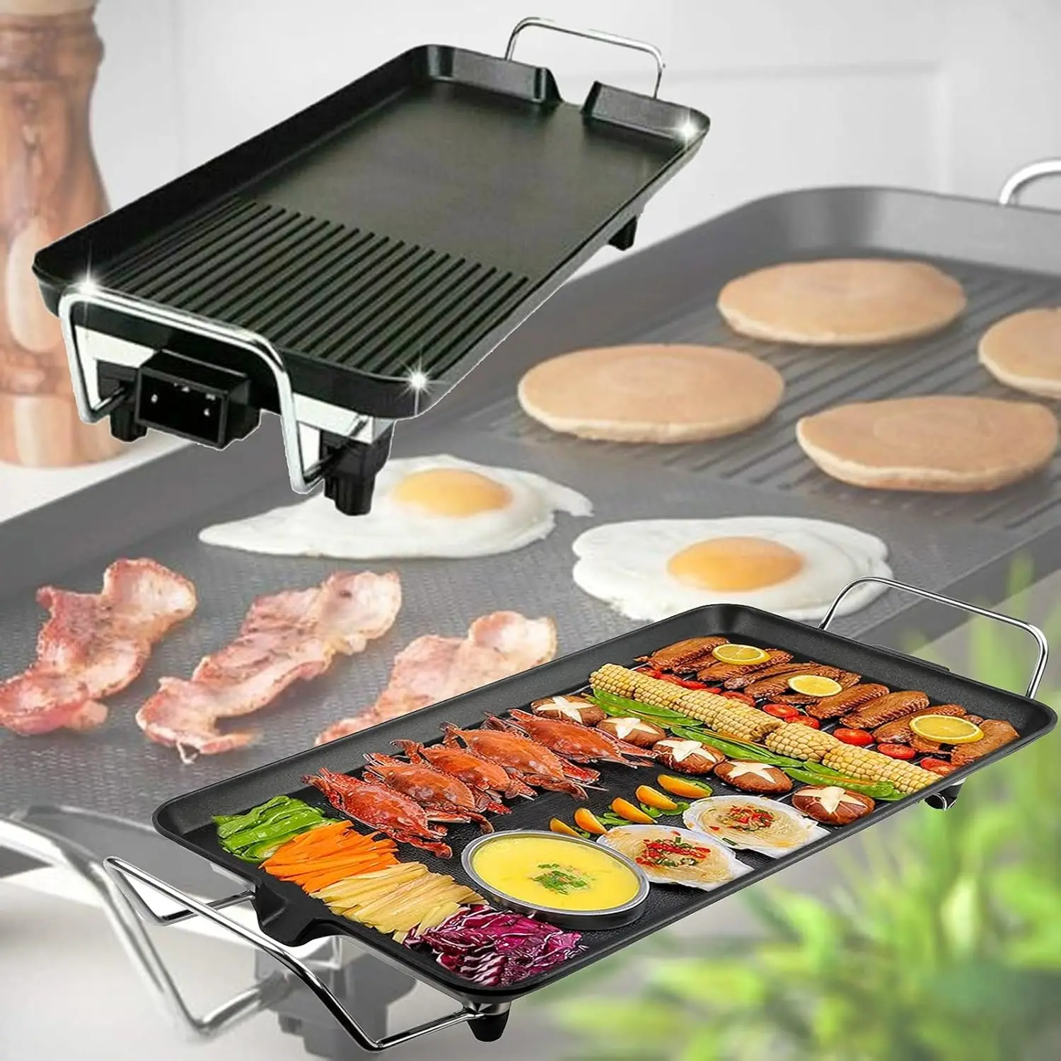 Teppanyaki Grill Electric Table Top Grill Smokeless Non-Stick Barbecue Grill Pan with Fat Oil Drip Tray &Adjustable Temperature