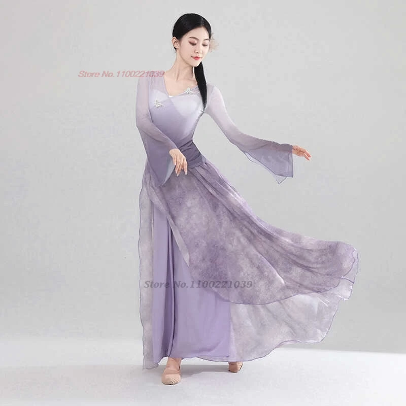 2023 Chinese Traditionele Hanfu Tops + Broek Set Dans Kostuum Stage Performance Jurk Gradiëntkleur Mesh Hanfu Volksdans Jurk
