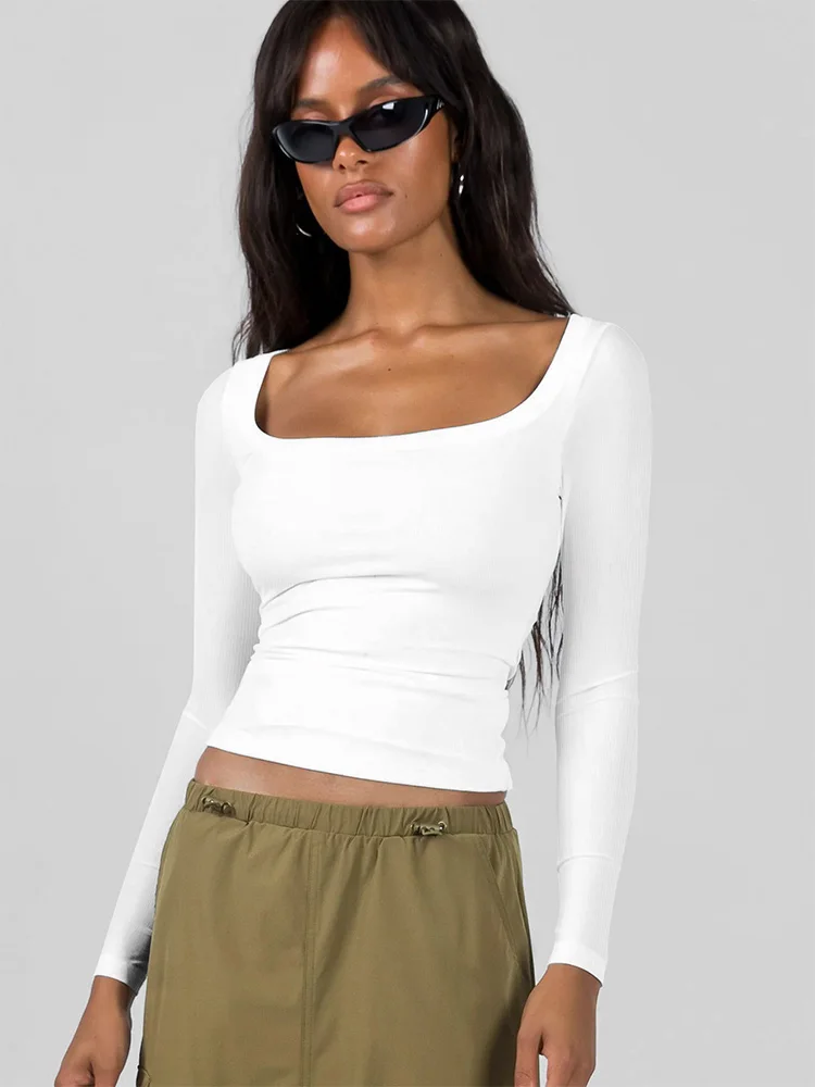 

Women Long Sleeve Square Neck T-Shirt Tops Solid Color Street Casual Fall Spring T-Shirt For Women 2024 New