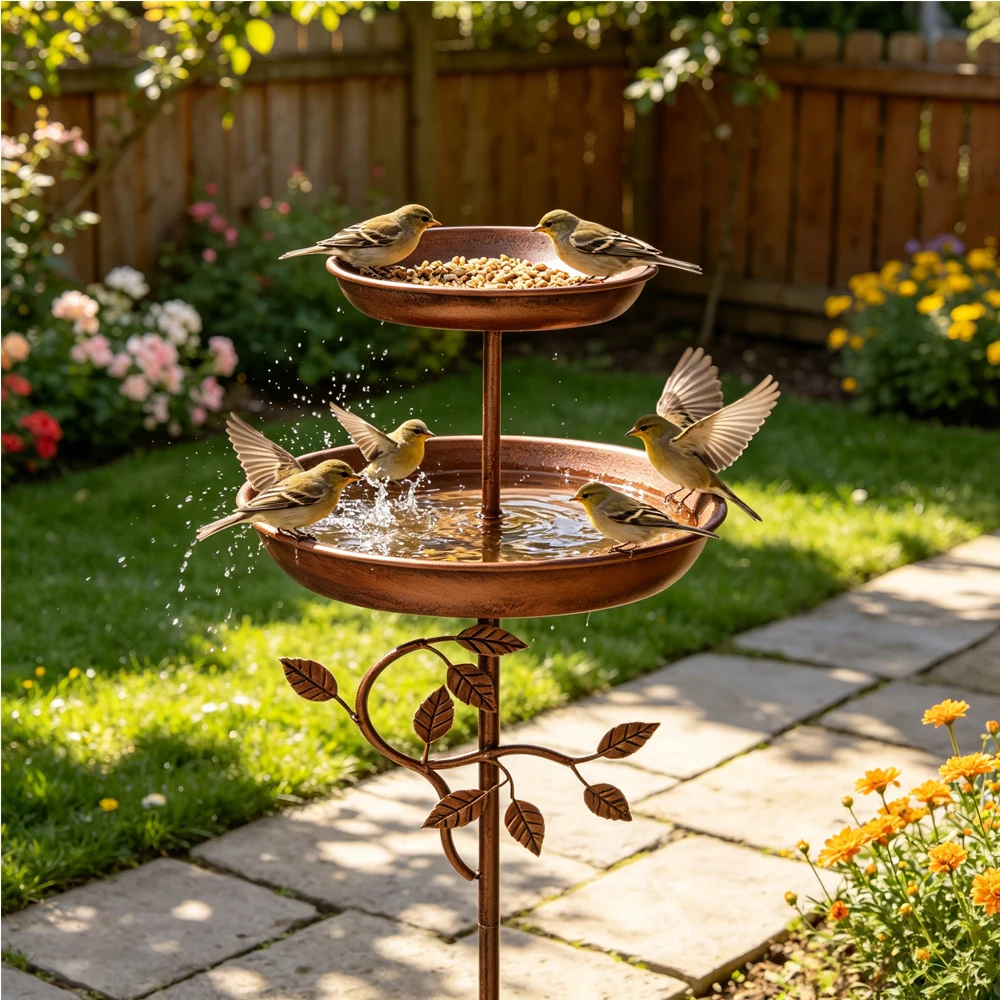 A Vintage Copper-Colored Five-Legged Double-Layered Bird Feeder That Serves as Both a Bird Feeder and a Bird Bath, Suitable for Outdoor Garden Use. Rust-Resistant Metal Bird Waterer, Courtyard Lawn Bird-Watching Supplies, Detachable and Washable