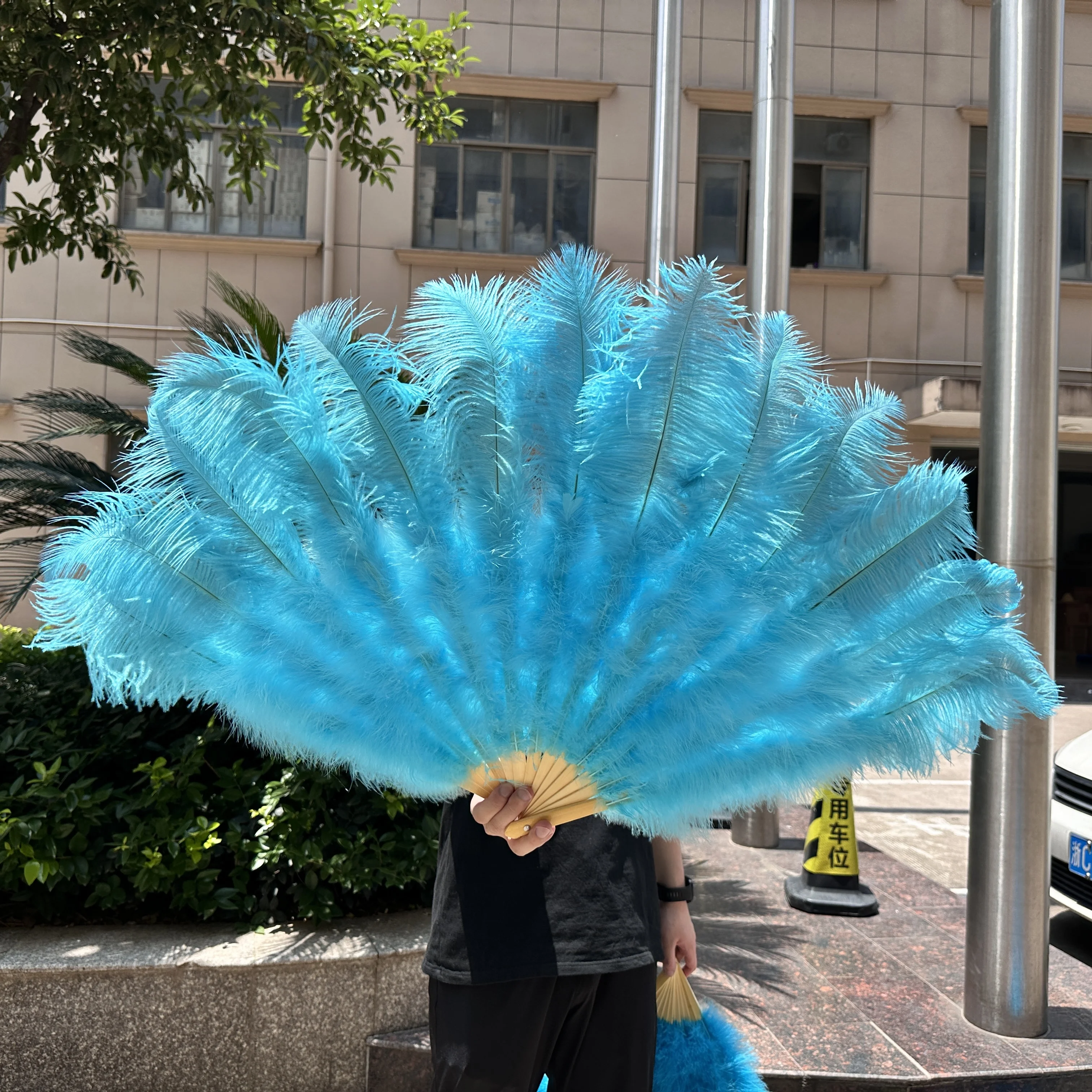 Natural Sky Blue Ostrich Feather Fan 100/70CM Big Handheld Plumes Fan for Wedding Decoration, Stage Dance, Carnival, Home Decor