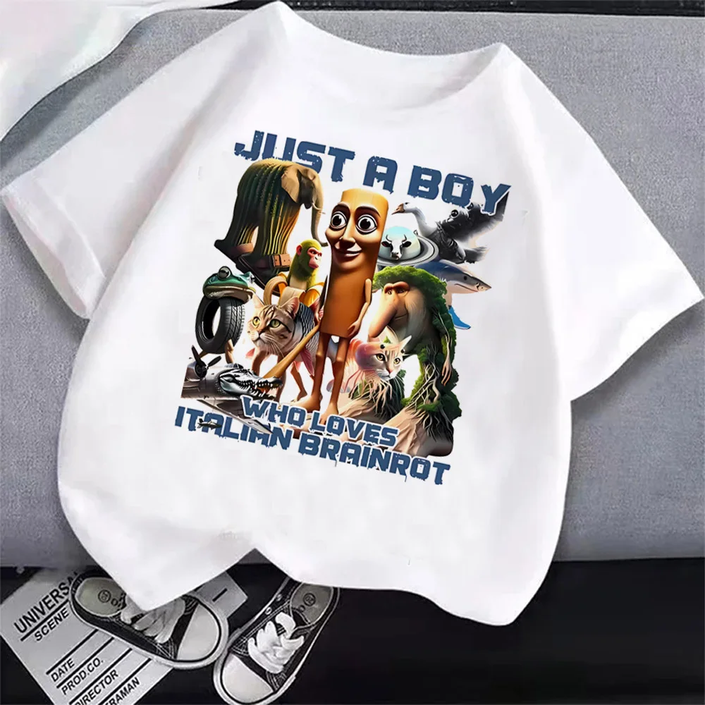 Italian Brainrot T Shirt Kids Cartoon Anime Meme Print Clothes Round Neck Basic Boys Tops Absorbent Casual Shirts