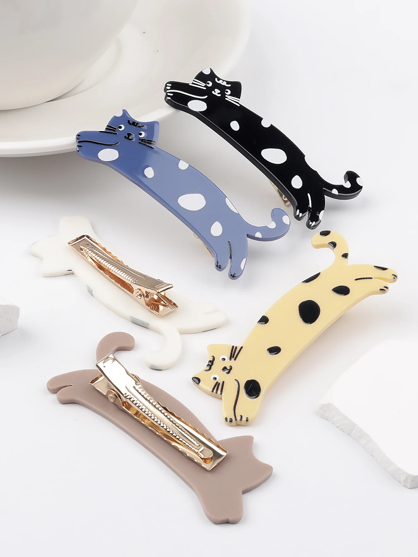 6szt Fashion Cartoon Spotted Cat Cute Funny Hair Clip Colorful Girl Side Broken Hair Duckbill Clip Female Fun Animal Hair