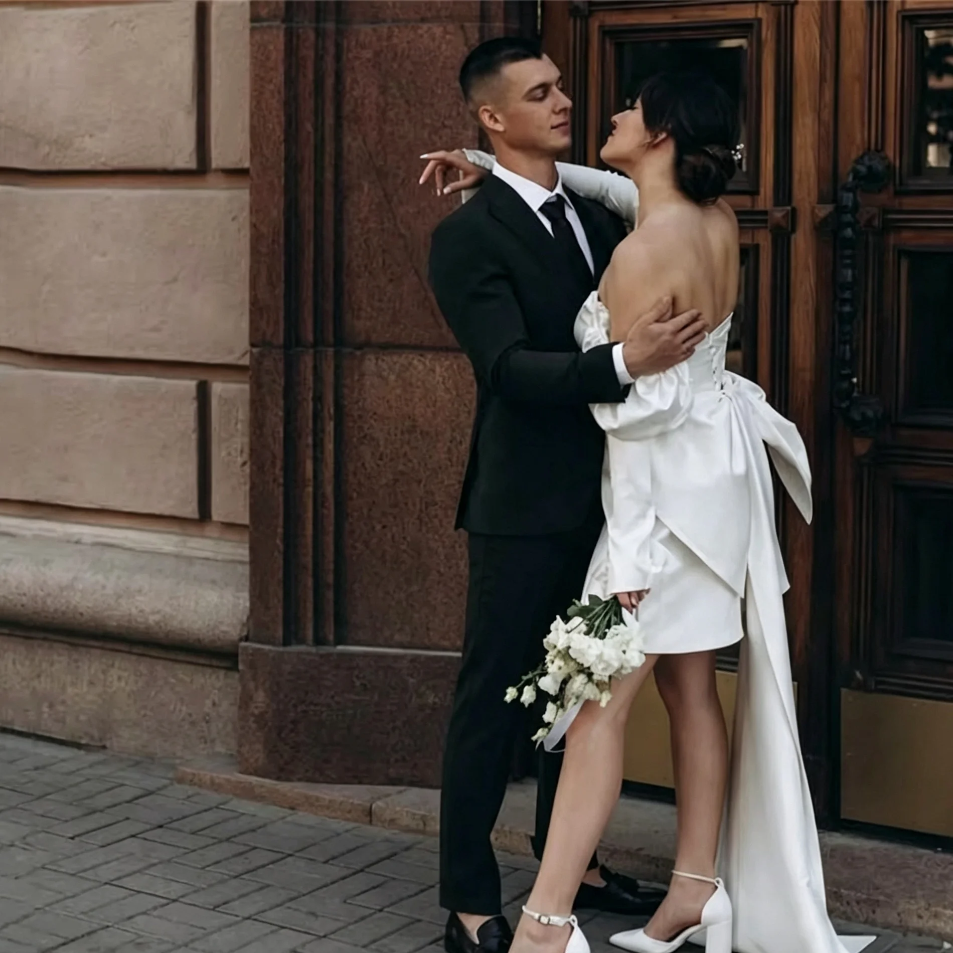Puff Long Sleeve Satin Mini Wedding Dress Detachable Train Big Bow Short Bridal Gown Civil Wedding Elopement Engagement Bridal