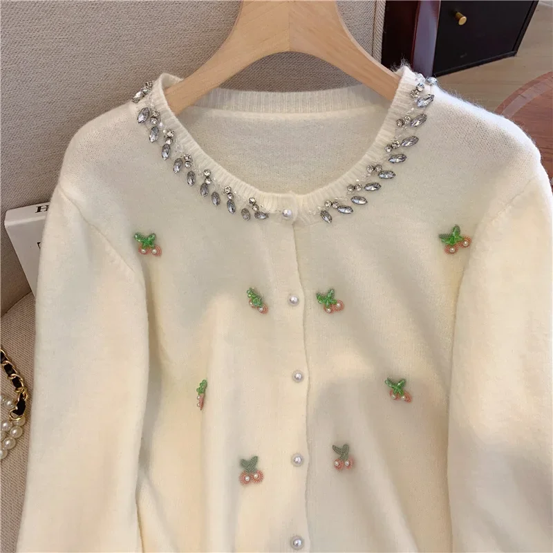 Sweet Cherry Pearls Knitted Cardigan Women's Beading Sweater Coat Autumn Winter Vintage Long Sleeve Diamonds Sweaters Mujer Tops