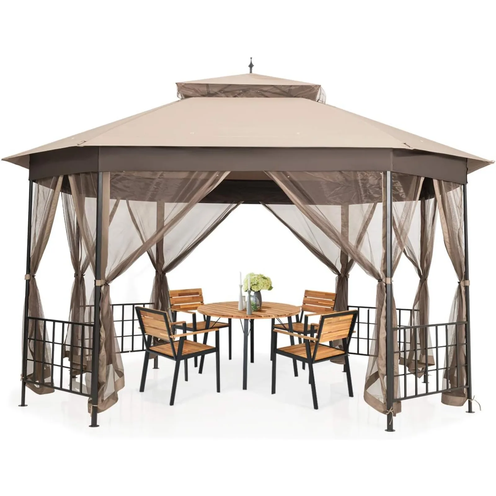 US 10 x 12 Ft Patio Gazebo, Heavy Duty Octagonal Gazebo Canopy w/Netting Sidewalls & Sturdy Steel Frame, Double