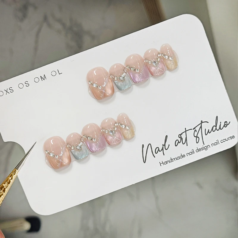 

10Pcs Cat Eye Handmade Press on Nails Candy Color Fake Nails with Rhinestone Design Wearable Stick-on Nail Full Cover False Nail