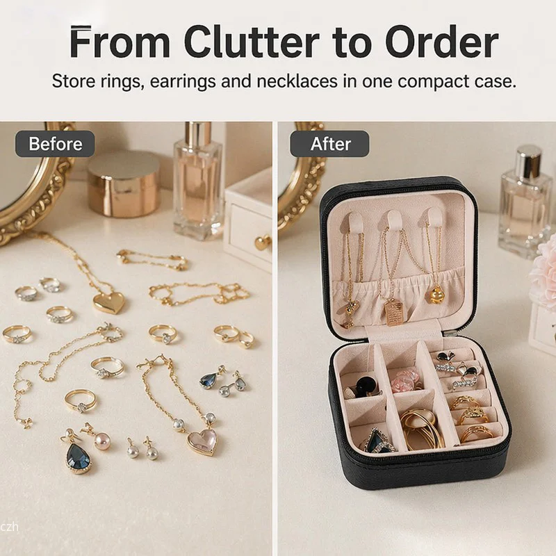 Compact Travel Jewelry Case, PU Leather Zip Organizer with Ring Rolls and Necklace Hooks - Image 4