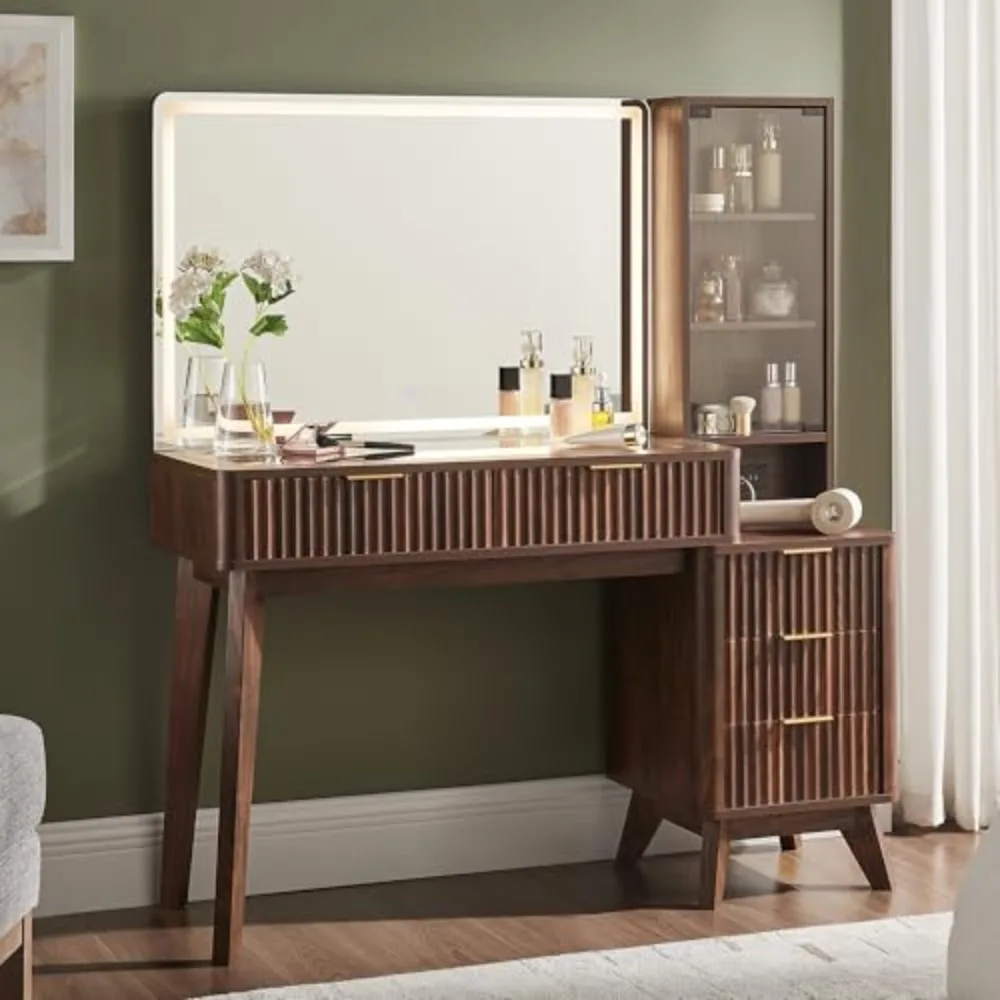 48" Fluted Makeup Vanity Desk with 36" Lighted Mirror, Dark Walnut | Smart LED Mirror, Visible Glass Top, 5 Drawers &