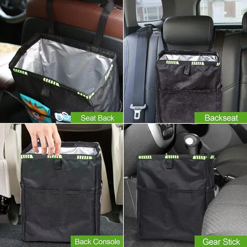 Car Trash Can Universal Vehicle Fit Waterproof Leakproof Hanging Garbage Bin with Storage Pockets for Van SUV Truck