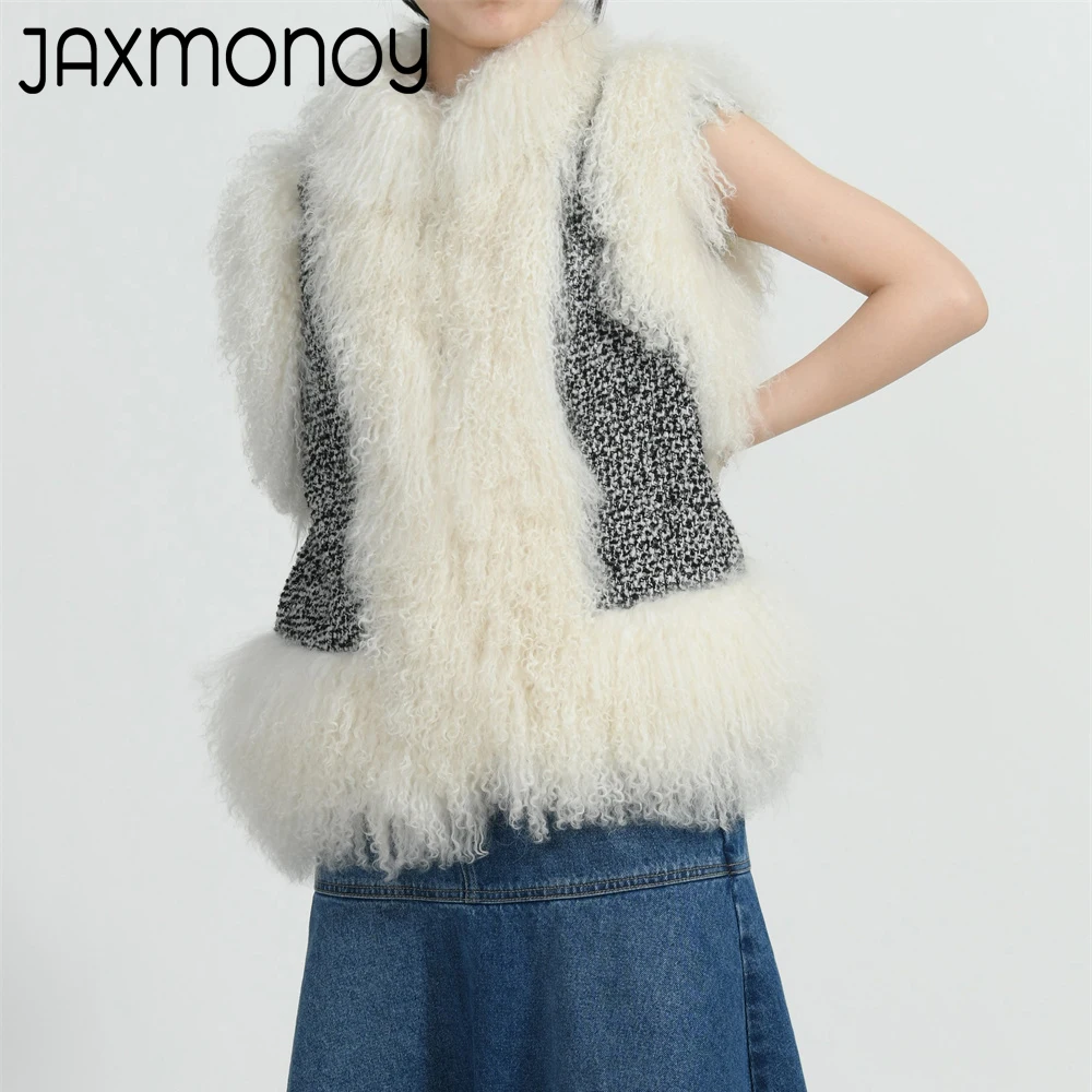 Jaxmonoy Women's Tweed Vest with Real Mongolian Fur Trim Ladies Autumn Winter Fashion Wool Sleeveless Coat Fluffy Fur Waistcoat