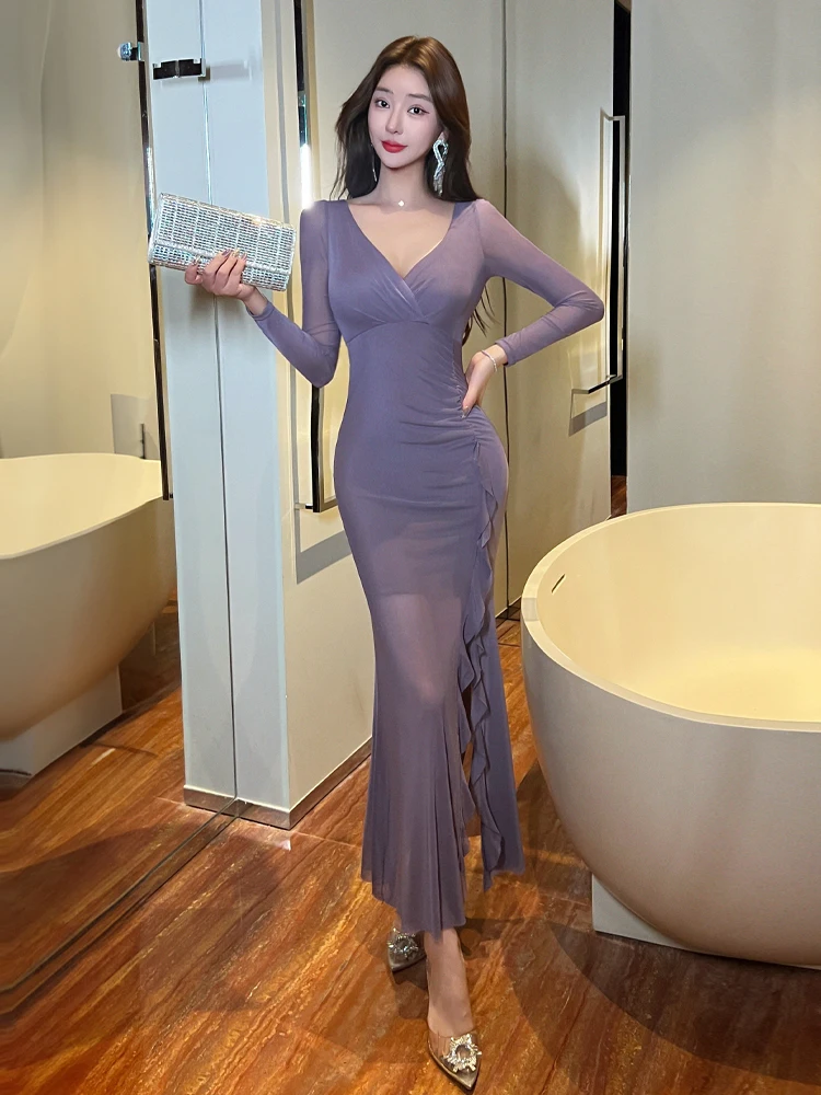 

Sexy Deep V Ne Long Sve Base Layer Long Dr Me f Transparent Split Skirt Ladylike Faion Ele Hot Girl Sle