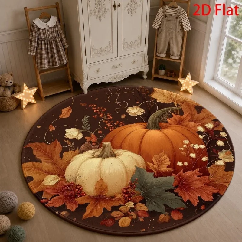 Fall Pumpkin Maple Leaf Round Rug, Autumn Harvest Printed Floor Mat, Thanksgiving Indoor Home Decor Carpet