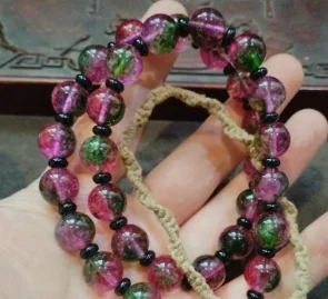 Vintage Two Tone Pink Green Round Bead Bracelet Glossy Transparent Beads Black Spacers Unisex Stackable Jewelry