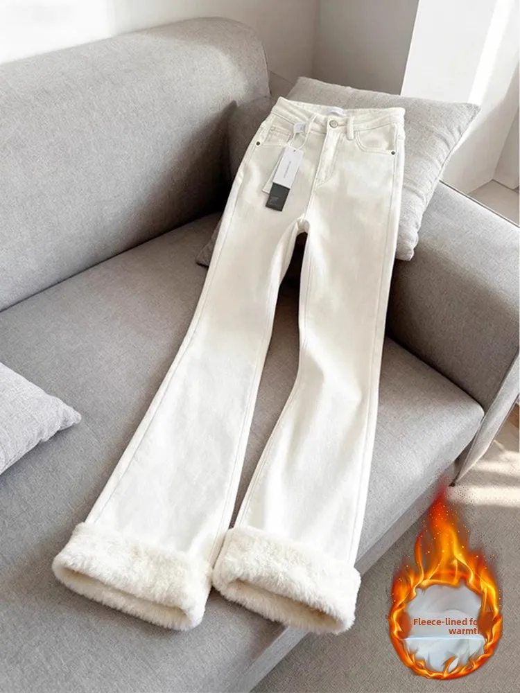 

Thiened Fce Lined White Jeans Men's Autumn Winter American Sle Slimming Long Straight Leg Warm Bootcut Pants