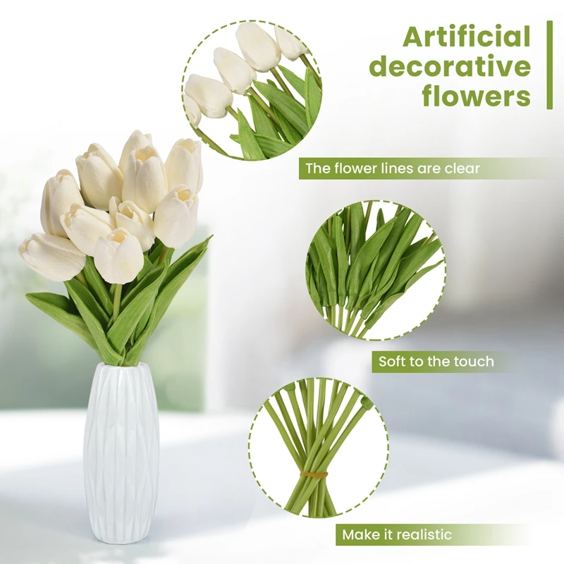 20Pcs White 13.8Inch Artificial Tulips Flowers For Party Decoration,Wedding Home Decoration