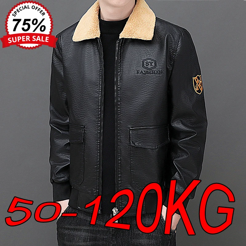 High-end Plus Velvet Warm Leather Jackets M-8XL Plus Size Winter Lapel Business Casual Coat Windproof Men's Sport Leather Jacket