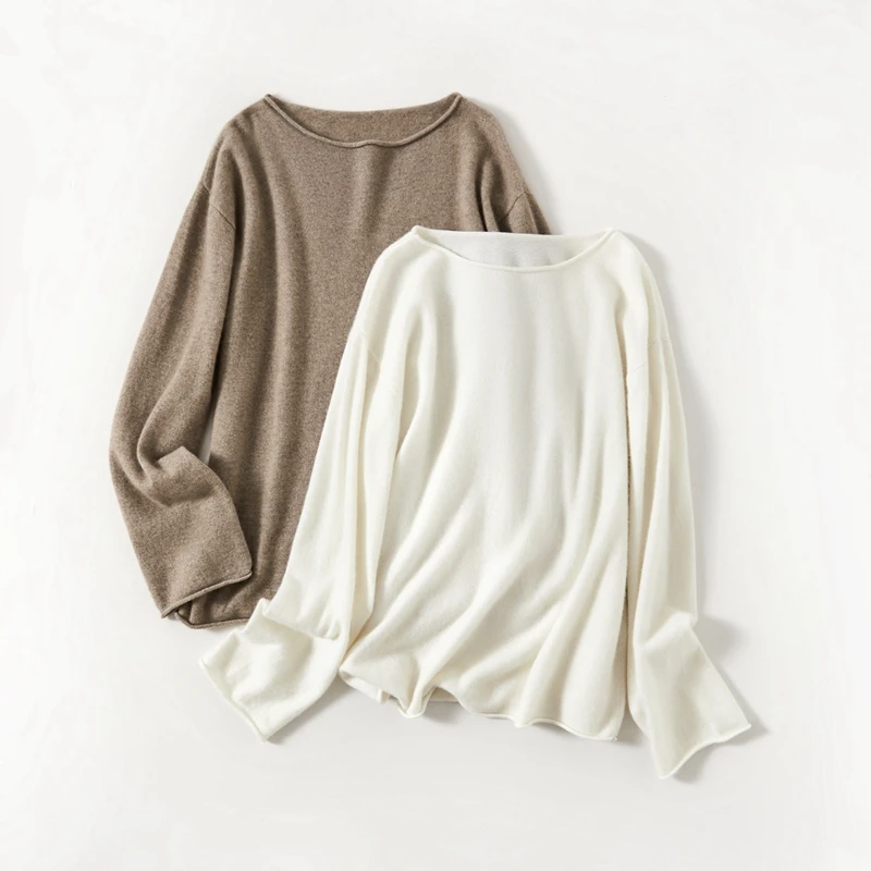 

Autumn/Winter Women's 100% Pure Cashmere Pullover Casual Solid Knitted Sweater Loose Curled Edge One Word Neck Tops Warm Jumper
