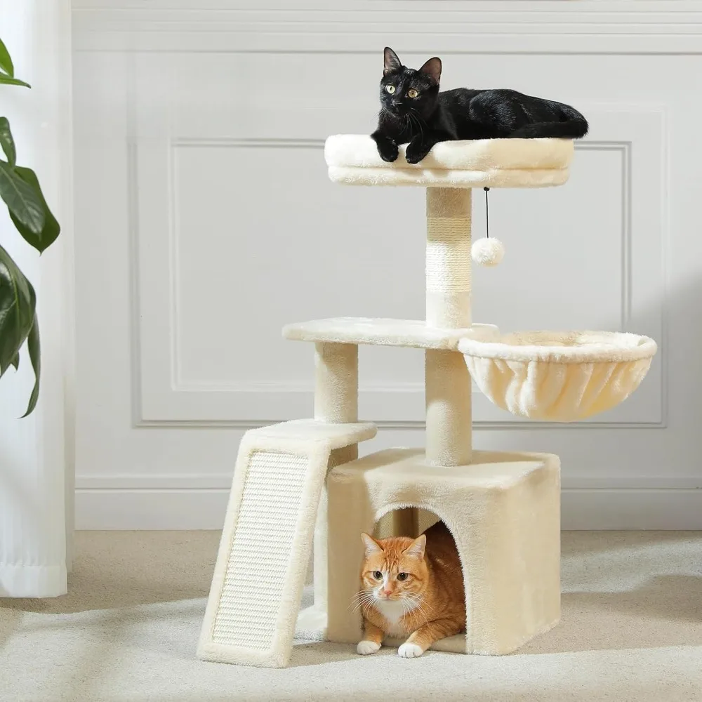 

Small Cat Tree for Indoor Cats, 32'' Cute Cat Tower Cat Condo with Sisal Scratching Ramp, Cozy Hammock and Removable Top Bed Per