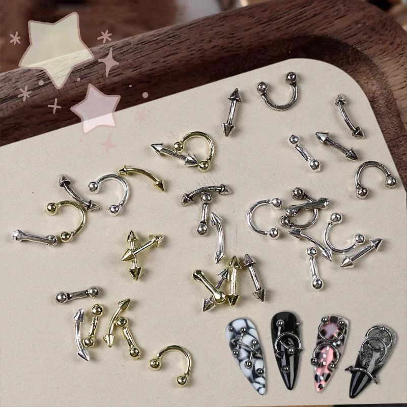 20Pcs Punk Style Nail Parts Alloy Studs Gold Silver Curve Arrow Rivet Decoration For Nails Art Accessories Charms Embellishments