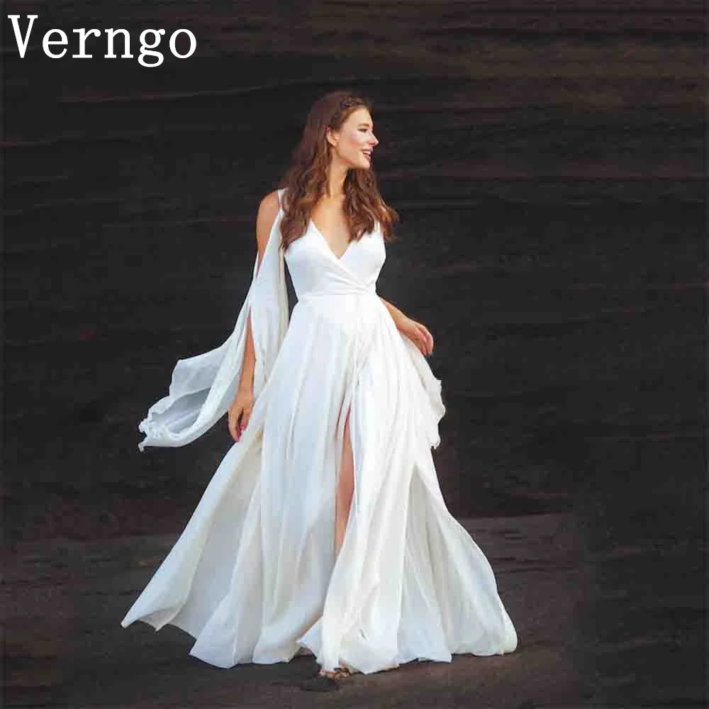 

Verngo Off White Chiffon Wedding Dress Maxi Goddess Bride Dress For Women Sexy V Neck Elegant Formal Wedding Prom Gown