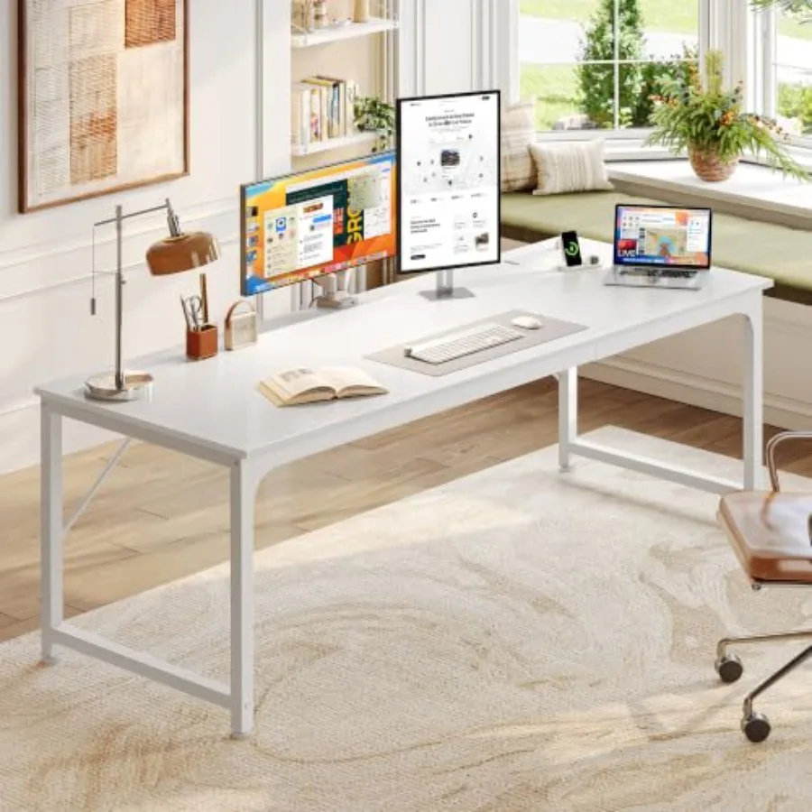 Computer desk for home office use, made of engineered wood in white finish, featuring built-in power outlets and USB-C charging
