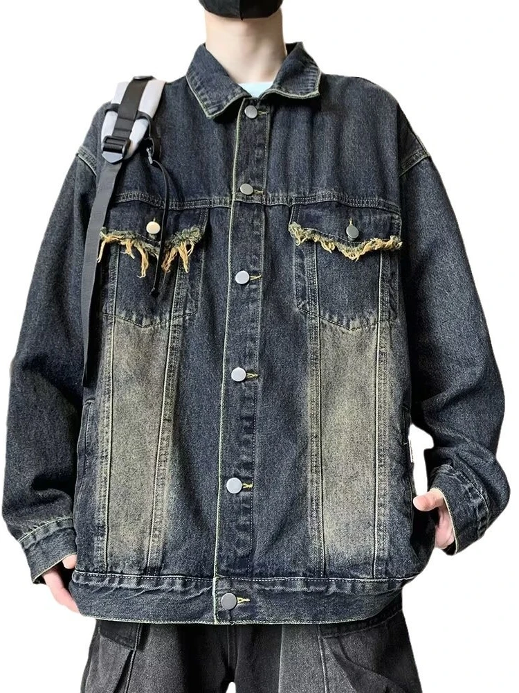 Autumn Winter New Denim Jacket Men American High Street Fashion Retro Washed Distressed Loose Fit Cool Style Casual Outwear Coat