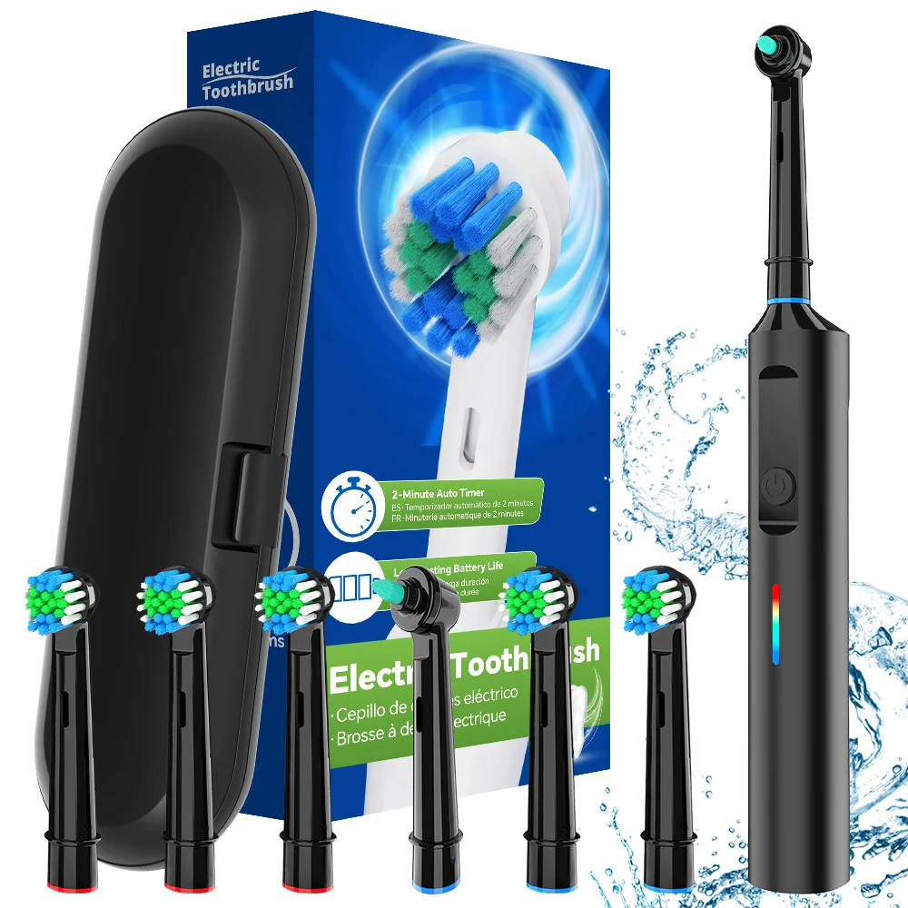 

Водонепроницаемая электрическая зубная щетка с USB-зарядкой, 6 насадками, 3 режимами и таймером на 2 минуты, совместима со сменными насадками Oral B.