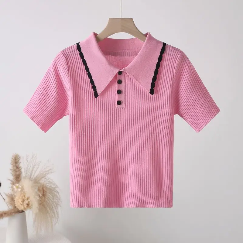 Pulôveres de botão com pescoço polo feminino, tops de malha, manga curta, elegante e fina, doce e tudo combina, roupa de trabalho, pedaços de gelo,