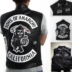 2020 Leather Vest Men Motorcycle Cosplay Costume Sleeveless Jacket Sons Of Anarchy Embroidery Rock Punk PU Vest V Neck