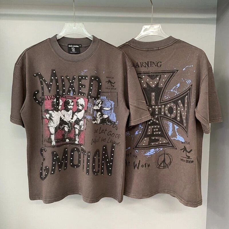 

Retro Streetwear Mixed Emotion Men's T-Shirt Loose Fit Short Sleeve Print Washed out Style Cotton Casual Top for Spring