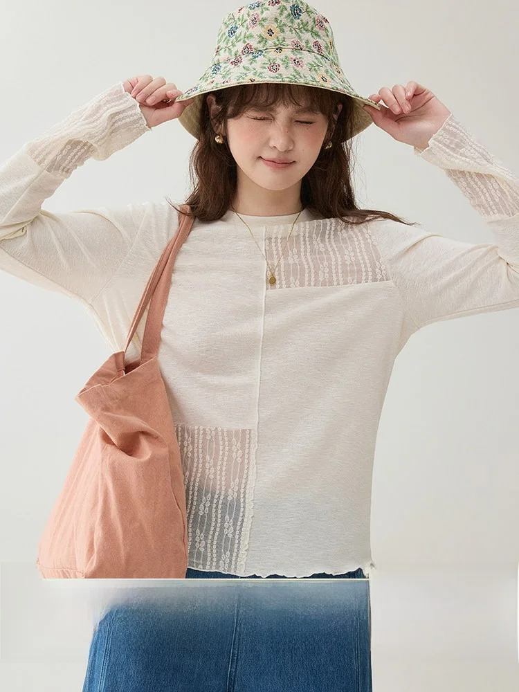 AMUU Original Design Long Sleeve Hollow out round Neck T-Shirt Women's Base Layer Top Spring Autumn New Style Comfortable Fit