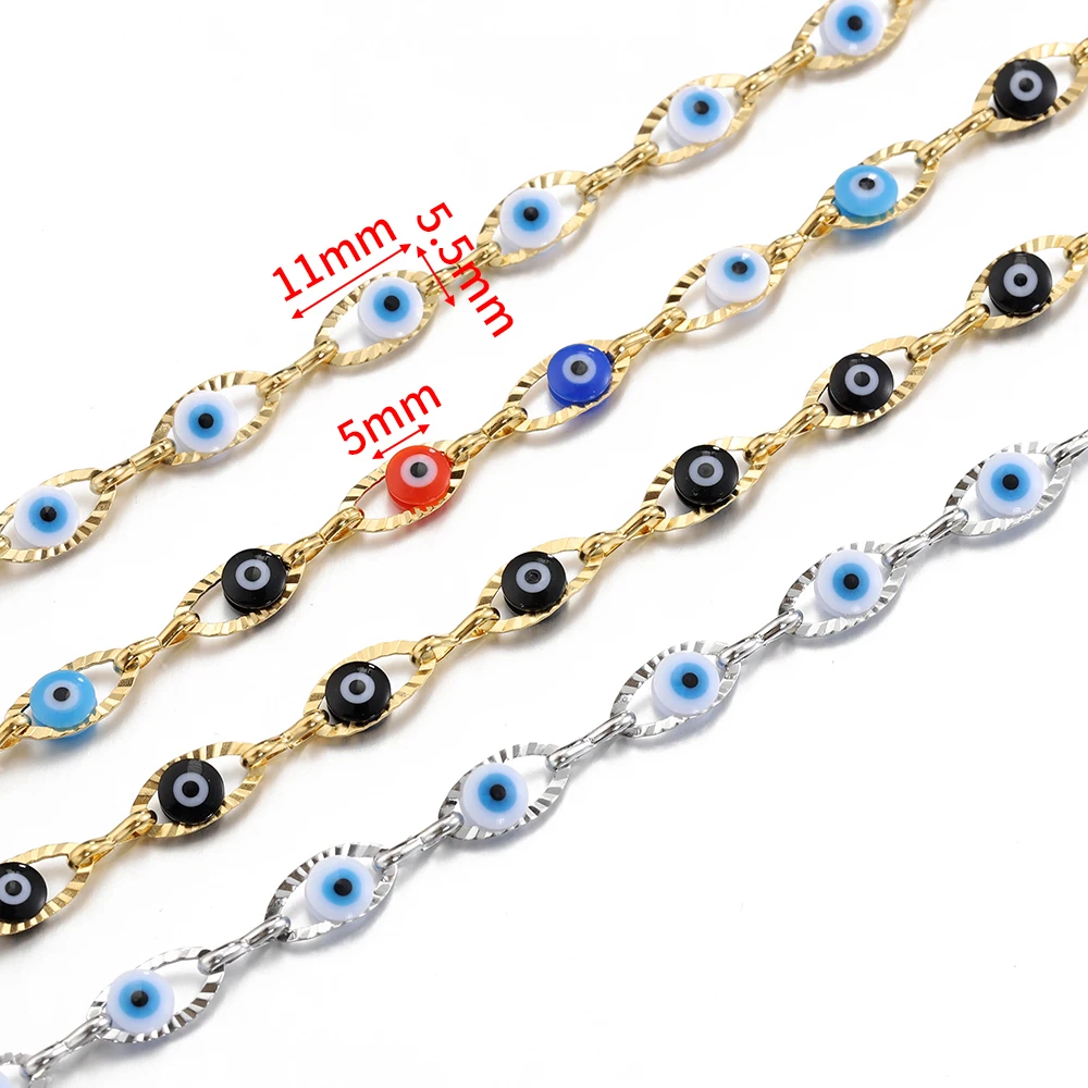 1Meter/lot Stainless Steel Evil Eye Chains Turkey Eye Charm Beaded Chains for Bracelet Necklace Sweater Chain Jewelry Making DIY