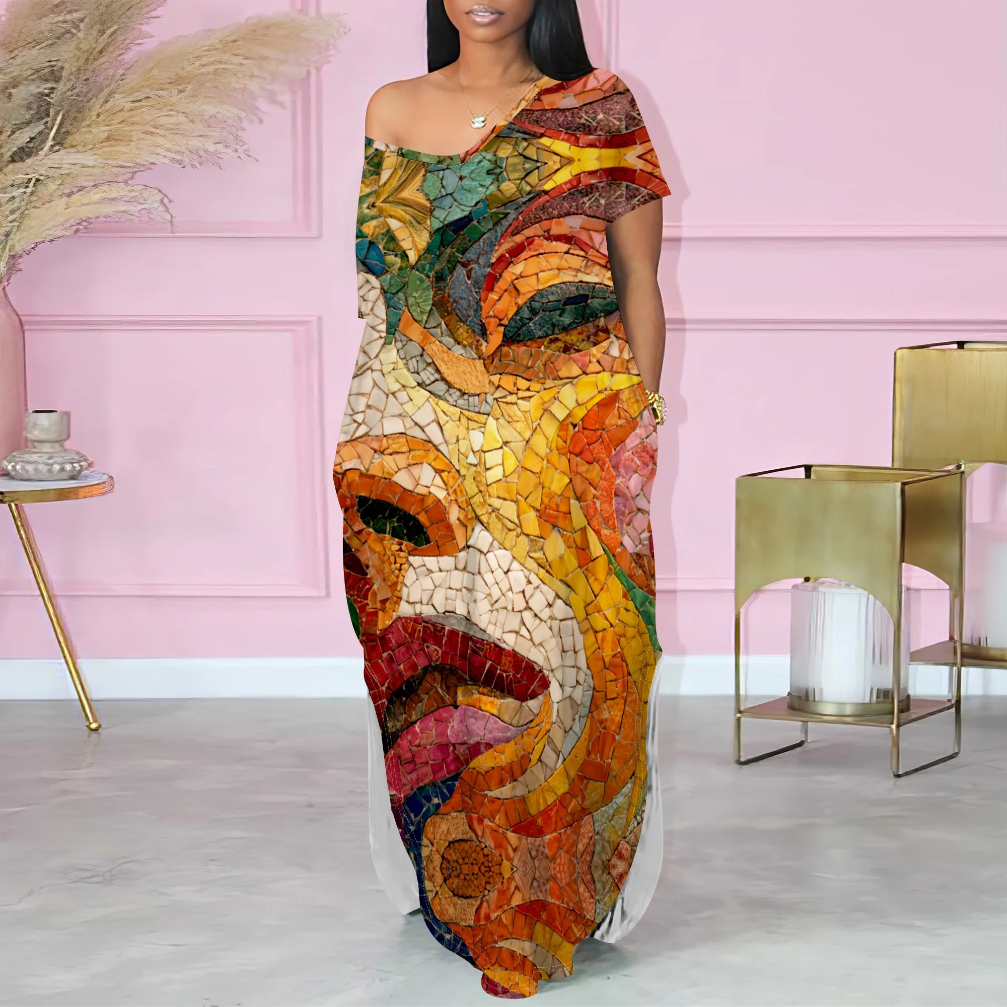 

Women's Mosaic Print Maxi Dress with Pockets Plus Size Short Sleeve Abstract Loose Summer Sundress S-3XL