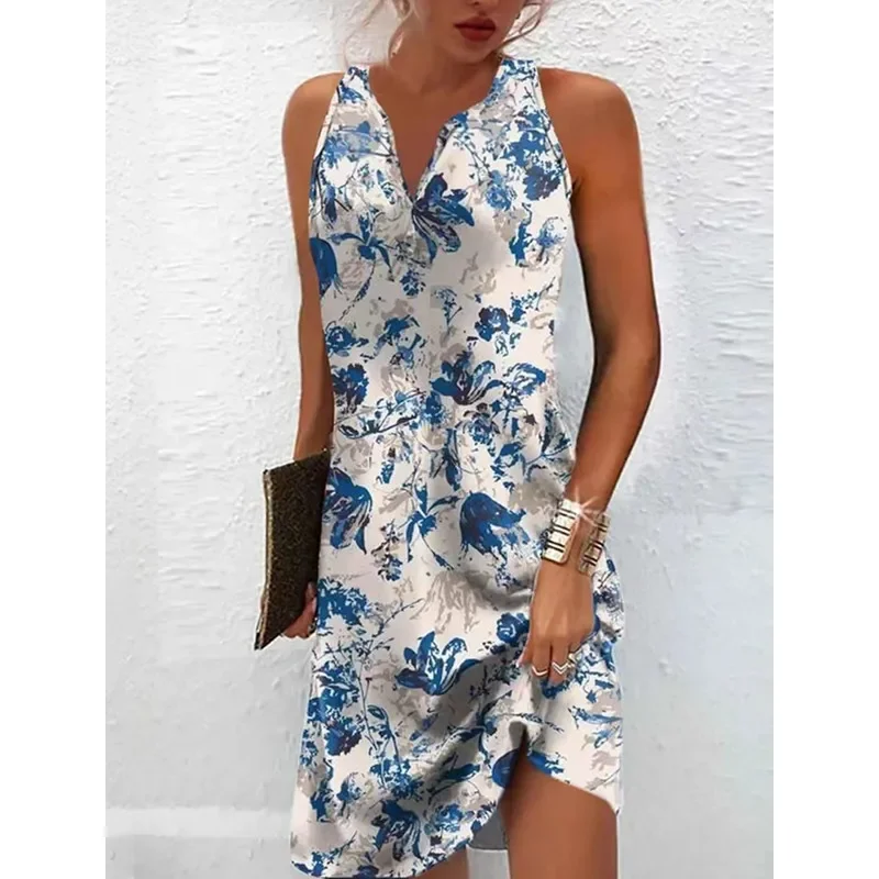 Mulheres primavera verão vestido saia com decote em v sem mangas impressão cor bainha casual moda sexy confortável vestido padrão regular