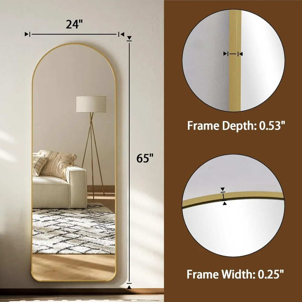 Gewölbter Bodenspiegel in voller Länge, 65 x 24 Zoll, Aluminiumrahmen, Wand- oder Bodenmontage, großer Körperspiegel