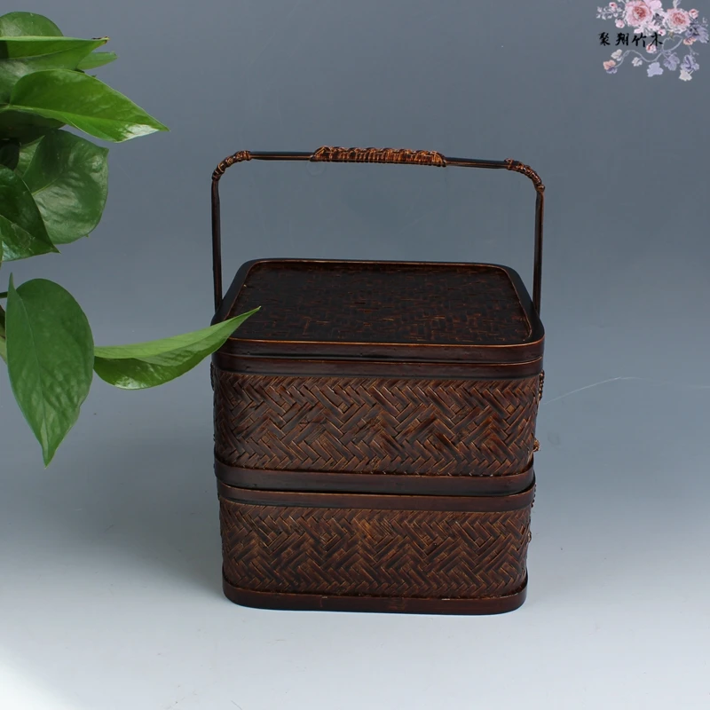 Storage Box Double Layer with Lid Dark Coffee Color Portable Portable Handmade Bamboo Vintage Food Container New Chinese Crafts