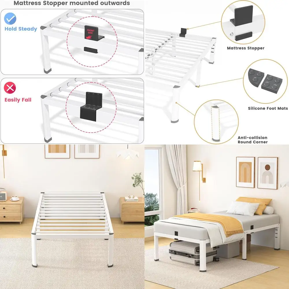 

14 Metal Twin Bed Frame with Round Corner Legs, Heavy Duty 3500 lbs Steel Slats, No Box Spring, Easy Assembly, White