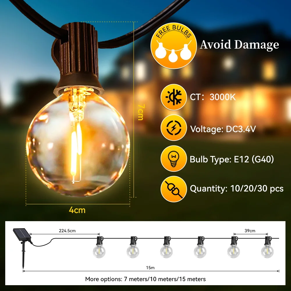 Outdoor Solar Light Waterproof String Warm Light Bulb With Remote Control 7/10/15M for Solar Garden Balcony Decorative Lighting