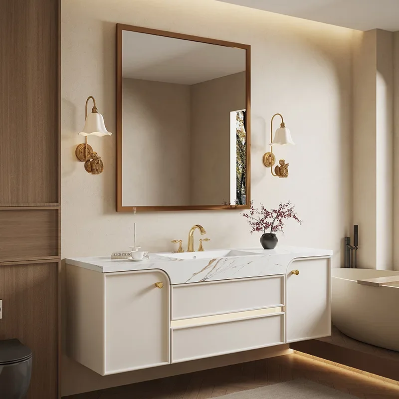 # French Retro Bathroom Cabinet Slab Integrated Washbasin Oak Nordic Bathroom Smart Vanity Cabinet with Sink Bathroom Furniture